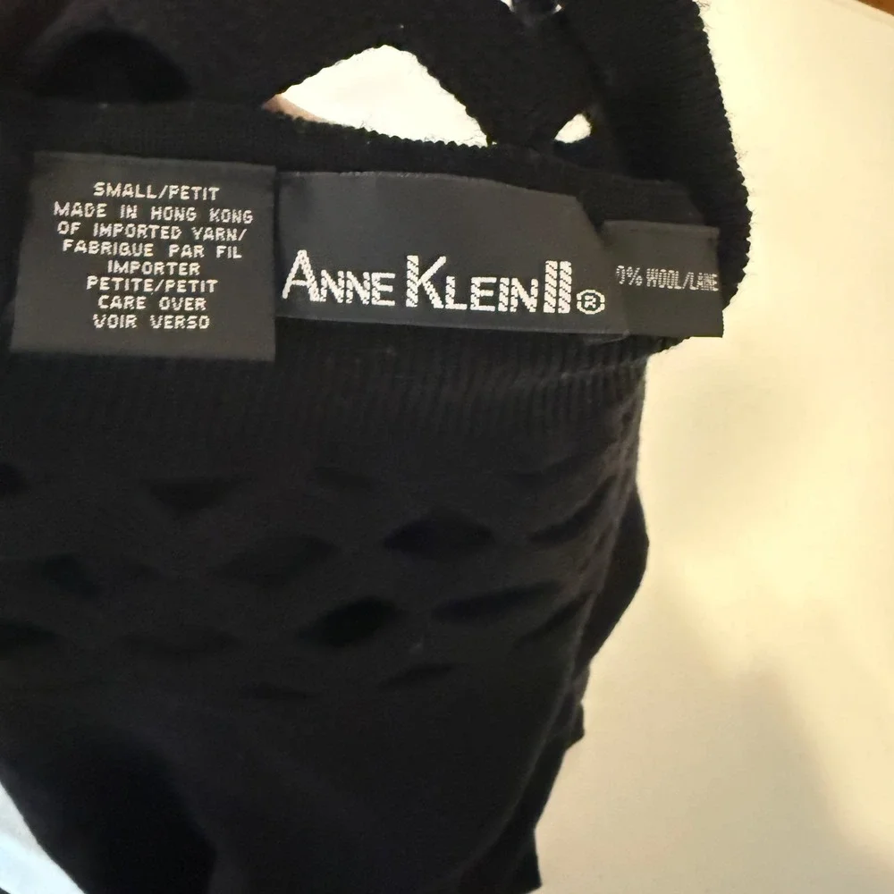 VTG Anne Klein II Black Knit Sweater Top Mock Neck Lattice Cutout Small Petite‎